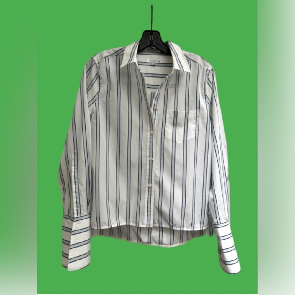 Equipment Femme White and Green/Blue Striped Dress Shirt Women Sz M